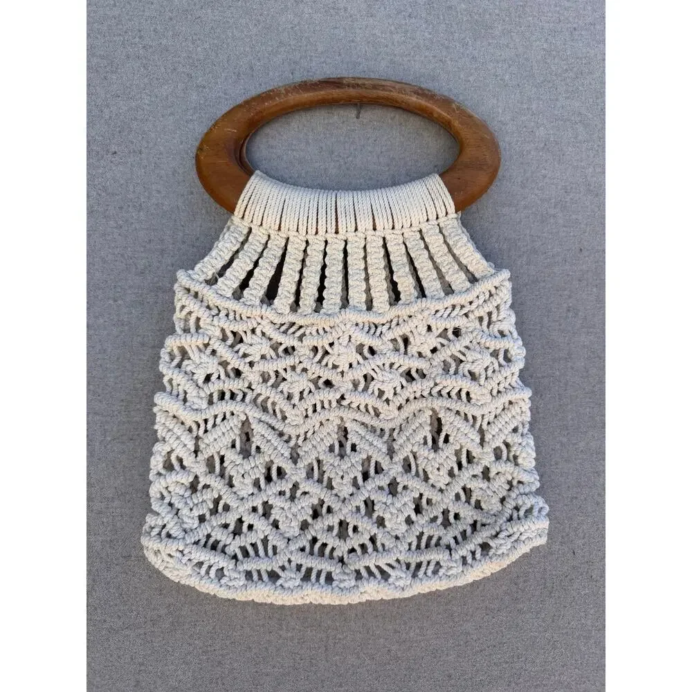 Vintage Macramé Handbag Wooden Handle Boho Ivory Rope Purse Unbranded